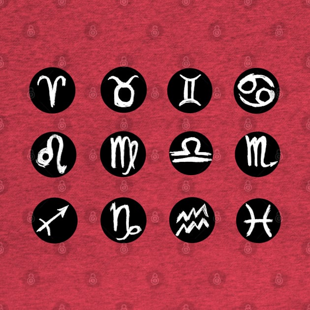 All Zodiac Sign Symbols, White hand drawn by badlydrawnbabe